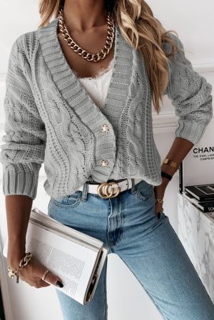 Gray Buttons Weave Knit Cardigan