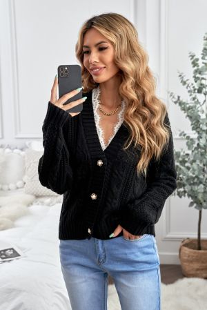 Black Buttons Weave Knit Cardigan