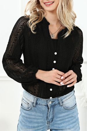 Black V-Neck Long Sleeve Button Up Lace Shirt