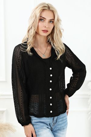 Black V-Neck Long Sleeve Button Up Lace Shirt