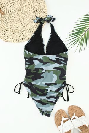 Green Camouflage Drawstring Backless One Piece Swimsuit