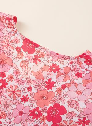 Pink Boho Floral V Neck Kimono Style Blouse