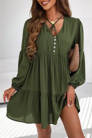 Дамска къса рокля с дълъг ръкав в зелено