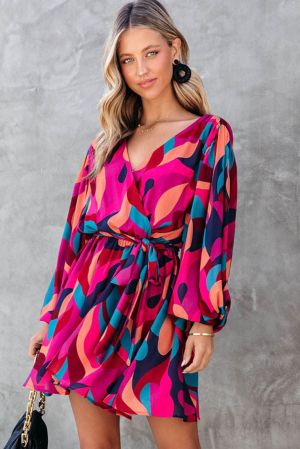 Fiery Red Abstract Printed Belted Puff Sleeve Mini Dress