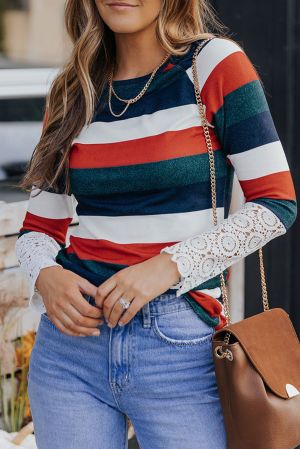 Striped Lace Splicing Long Sleeve Top