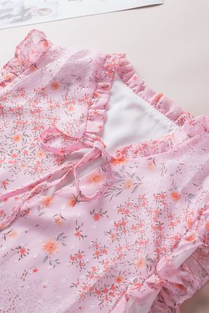Pink Floral Print Drawstring Frill Trim Sleeveless Top
