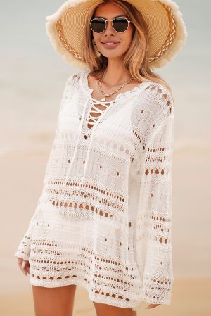 White Lace-up V Neck Hollow Out Knitted Long Sleeve Cover Up