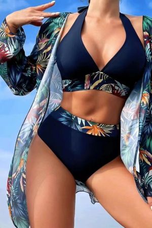 Navy Blue 3pcs Tropical Contrast Trim Halter Bikini Set with Cover up