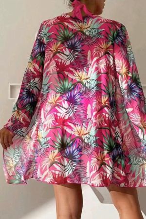 Rose 3pcs Tropical Contrast Trim Halter Bikini Set with Cover up