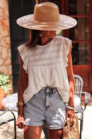 White Ruffled Lace Flowy Tank Top