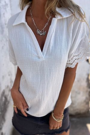 Дамска блуза в бяло с къси ръкави с бродерия, 100% памук
