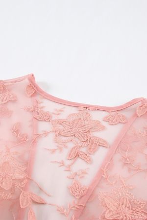 Pink Floral Mesh Lace Crochet Open Front Kimono
