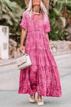 Дамска дълга рокля в розово с къс ръкав и пейсли принт