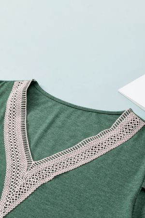 Blackish Green Plus Size Embroidery V Neck Draped Sleeve Blouse