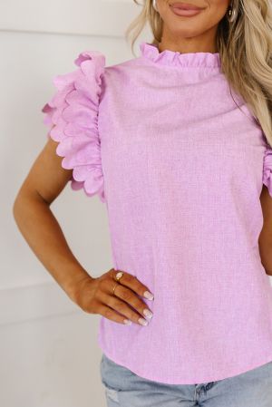 Bright Pink Solid Color Scalloped Ruffle Sleeve Top