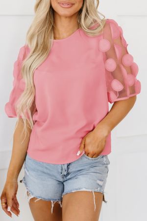 Дамска блуза в розов цвят с къси ефектни ръкави