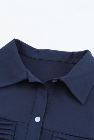 Blue Solid Pocket Long Sleeve Button-up Shirt