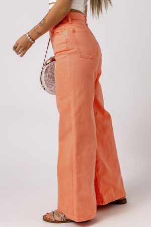 Дамски широки дънки в оранжево с висока талия