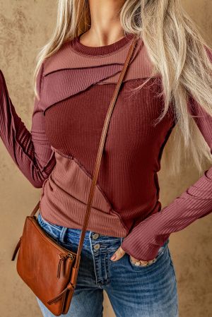 Дамска блуза с външен шев и 'color-block' дизайн в цвят бордо