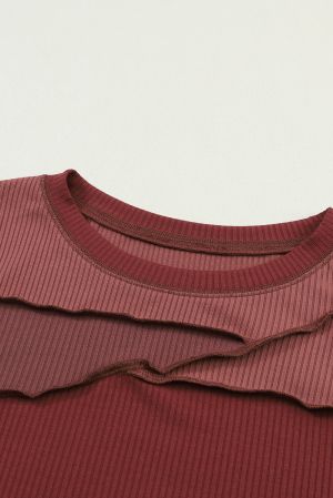 Fiery Red Expose Seam Color Block Ribbed Knit Top