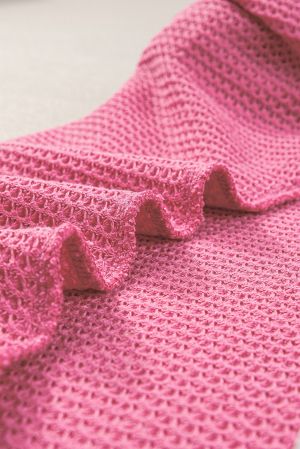Дамска блуза в розово с къси бухнали ръкави, актуална waffle материя