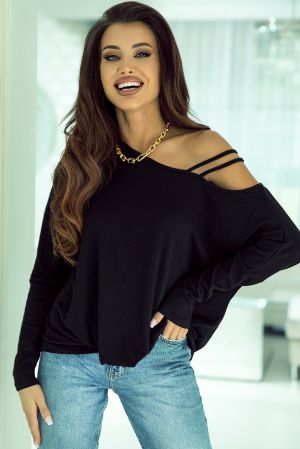 Black Asymmetric Strappy Cold Shoulder Long Sleeve Top