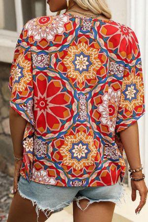Дамска блуза с къси ръкави тип прилеп и флорален принт