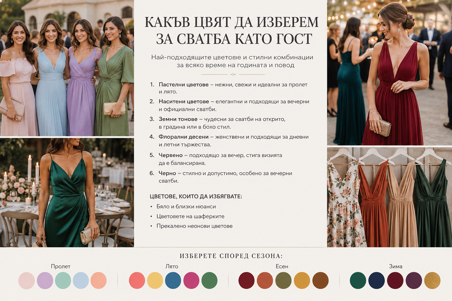 Разберете кои цветове са подходящи за сватбено облекло като гост и кои е добре да избягвате. Идеи за стилна визия според сезона, мястото и часа на събитието.