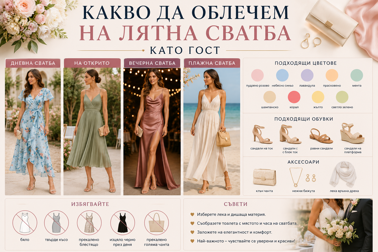 Търсите подходящ тоалет за лятна сватба? Вижте какво да облечете като гост през 2026, кои рокли, обувки и аксесоари са най-подходящи и как да изглеждате елегантно според вида на събитието.