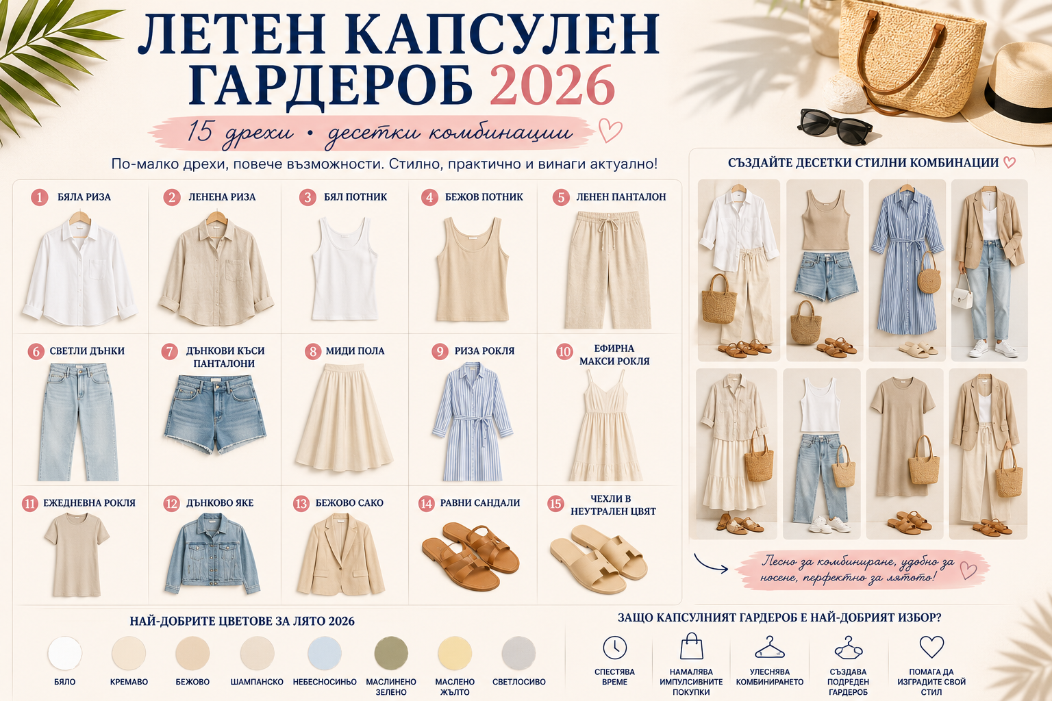 Създайте практичен летен капсулен гардероб за 2026 с само 15 основни дрехи. Вижте кои модели си заслужават и как да ги комбинирате за работа, почивка и ежедневие.