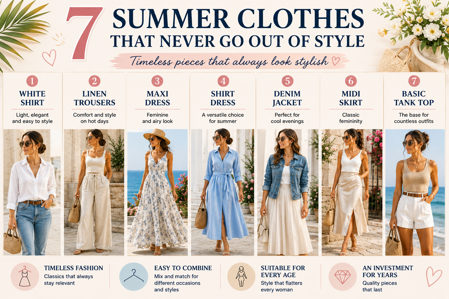 Discover 7 timeless summer wardrobe essentials every woman should own. From linen trousers and shirt dresses to maxi dresses and classic white shirts, these pieces remain stylish year after year.