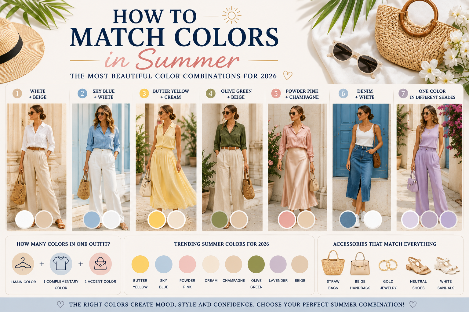 Learn how to match colors in summer and discover the trendiest color combinations for 2026. Practical styling tips for clothing, shoes and accessories in harmonious summer shades.