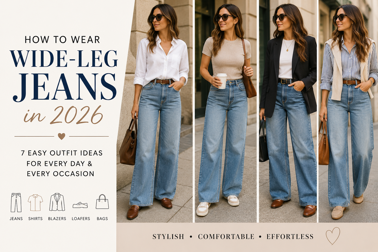 Wondering what to wear with wide-leg jeans? Discover 7 easy outfit ideas with shirts, blouses, blazers, cardigans and shoes for a stylish everyday look.