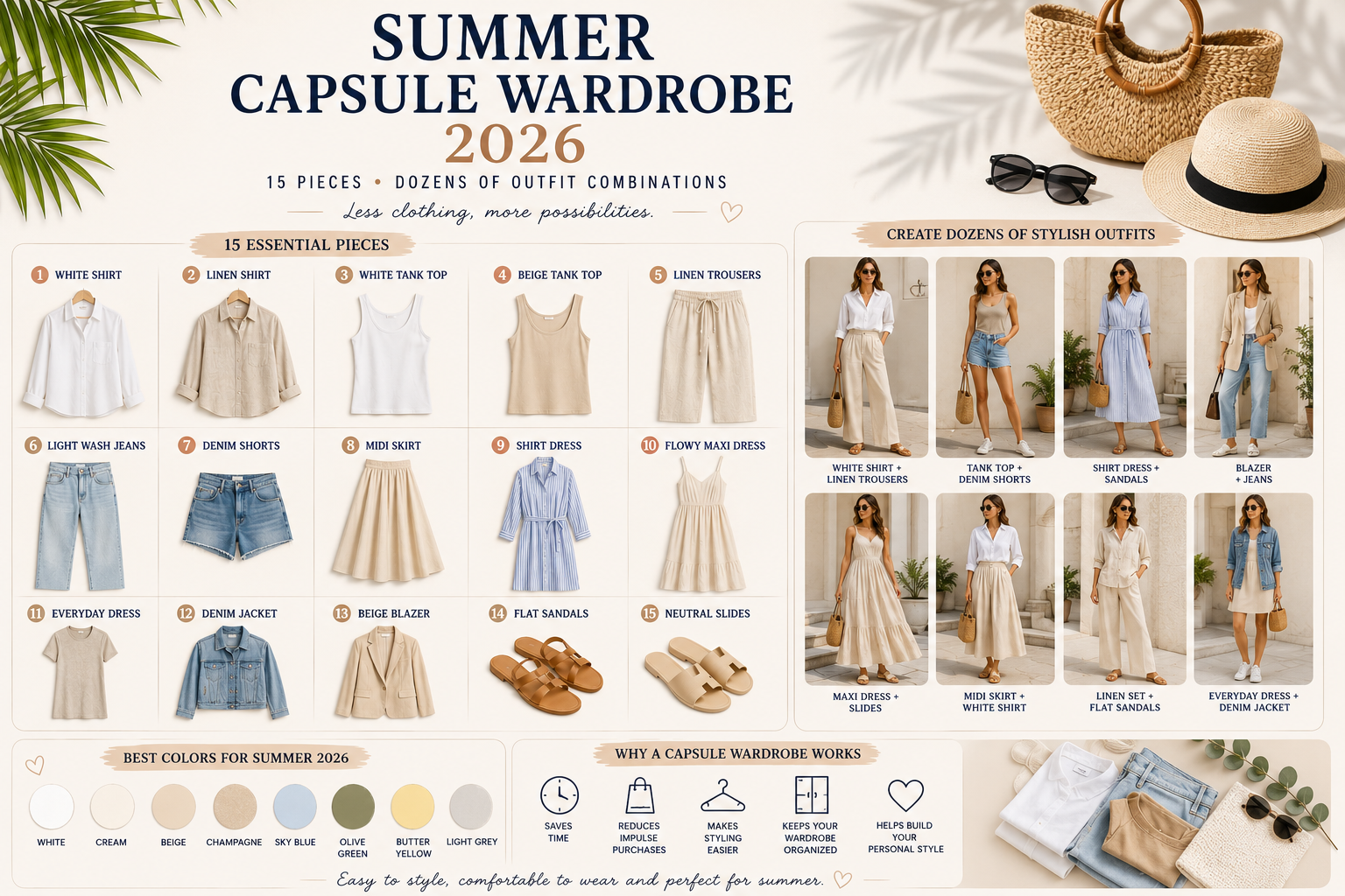 Build the perfect Summer Capsule Wardrobe for 2026 with just 15 versatile pieces. Discover timeless clothing, easy outfit combinations and practical fashion tips for everyday wear, work and vacations.