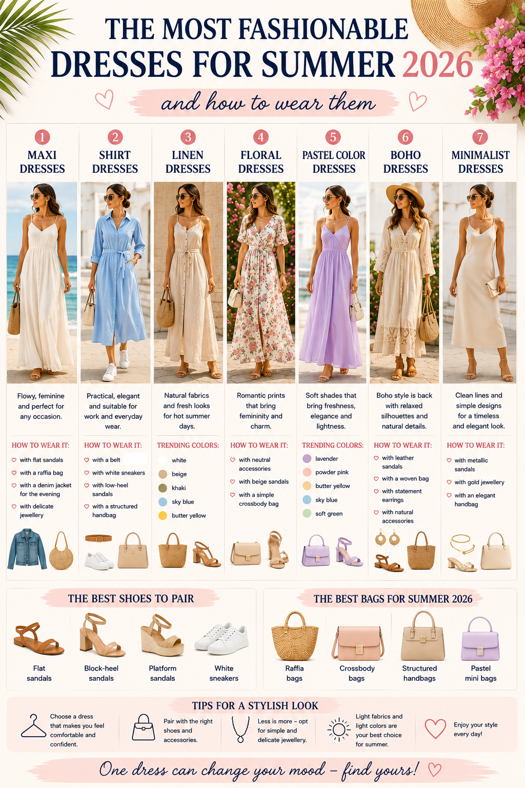 Discover the most fashionable dresses for Summer 2026 and learn how to style them effortlessly. Explore maxi dresses, shirt dresses, linen styles, floral prints and pastel colors with practical outfit ideas for every occasion.