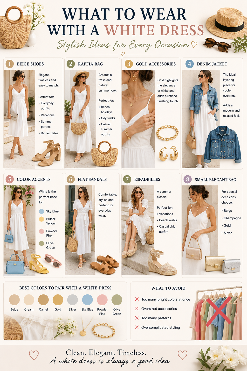 Wondering what to wear with a white dress? Discover the best shoes, bags, jewellery and layering pieces to create elegant and stylish outfits with a white dress in 2026.