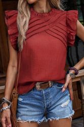 Red Dahlia Solid Color Pleated Detail Ruffle Short Sleeve Blouse