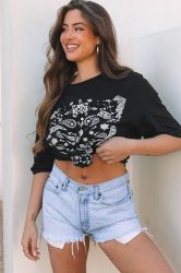 Black Checkerboard Peace Sign Printed Round Neck T Shirt