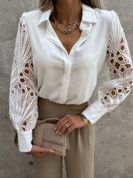 White Women's Shirt with Embroidered Statement Long Sleeves