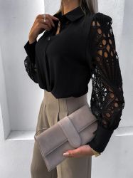 Black Women's Shirt with Embroidered Statement Long Sleeves