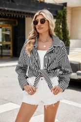 Women's Blue and White Striped Shirt with Two Front Pockets