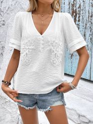 White Silky Notched Neckline Petal Sleeve Blouse