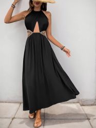 Women's Black Maxi Halter Dress with Ethnic Waist Cutouts