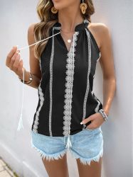 Women's Black Boho Sleeveless Top with White Tribal Print