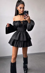 Black Off-Shoulder Mini Dress with Puff Sleeves