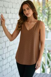 White Eyelet Knit Patterned Loose V Neck Tank Top