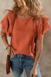 Orange Crinkled Cotton Gauze Ruffle Sleeve Blouse