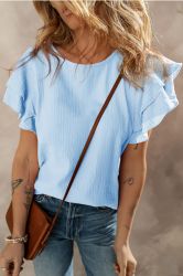 Rose Red Crinkled Cotton Gauze Ruffle Sleeve Blouse