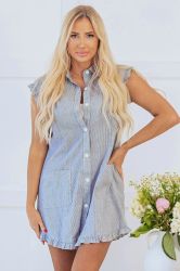 Blue Stripe Sleeveless Notched V Neck Contrast Ric Rac Mini Dress
