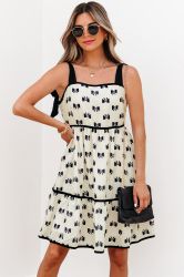 Bow Knot Color Contrast Trim Knotted Shoulder Mini Dress